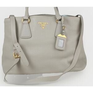 PRADA Vitello Daino Tote Taupe Gray Pebbled Grained Leather Shoulder Strap Bag